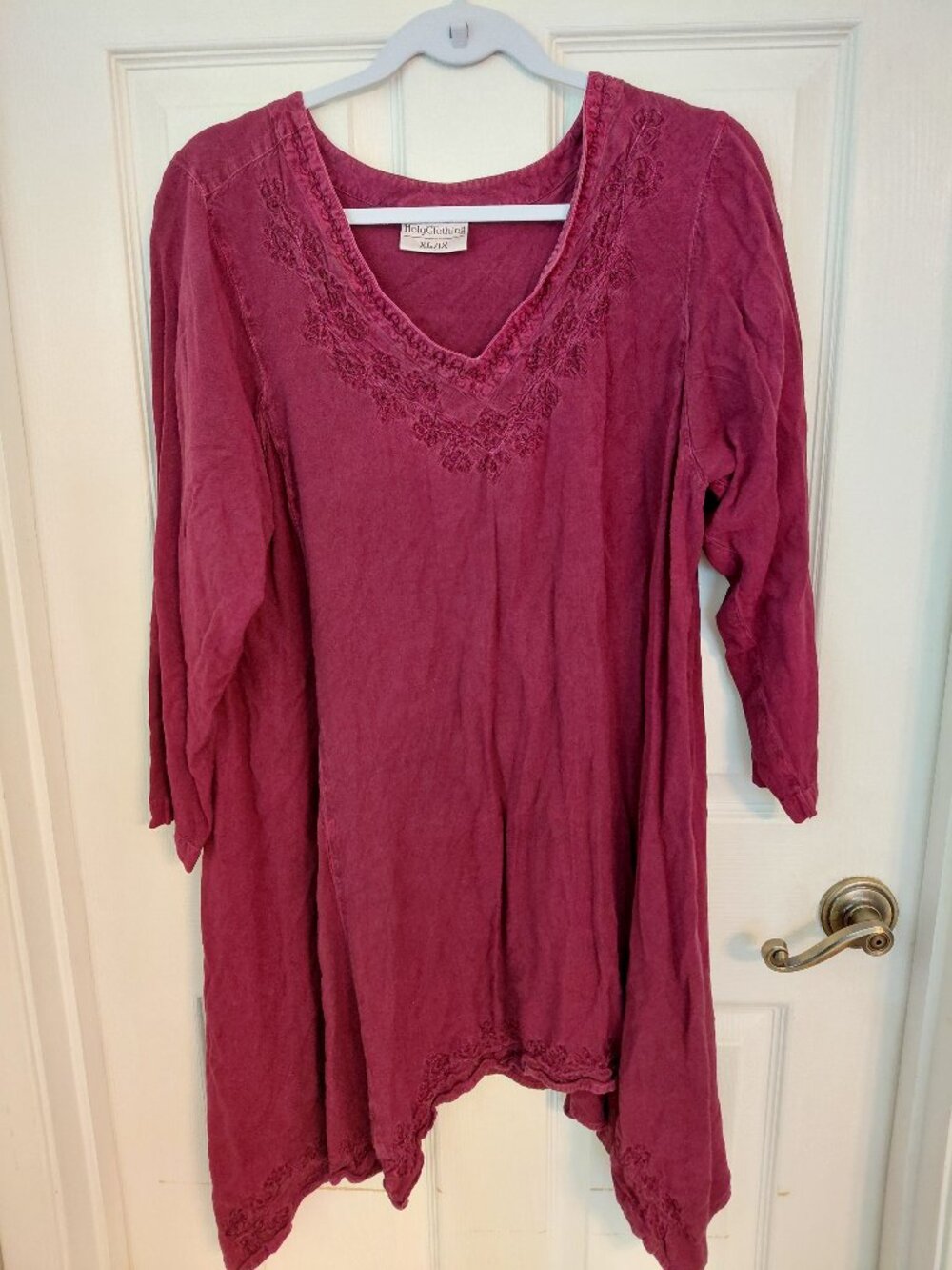 Holy Clothing Embroidered Burgundy Tunic Top Blouse 3X Assymetrical Renaissance